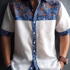 White Shirt with Blue & Orange Paisley Panels