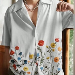 White Shirt with Colorful Floral Embroidery