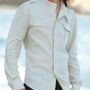 White Linen Mandarin Collar Shirt
