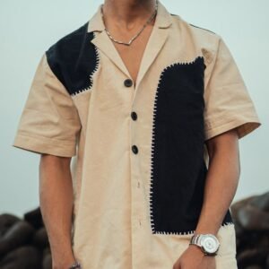Beige Shirt with Black Contrast Panels & Stitch Detail