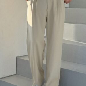 Beige / Cream Wide-Leg Pleated Trousers